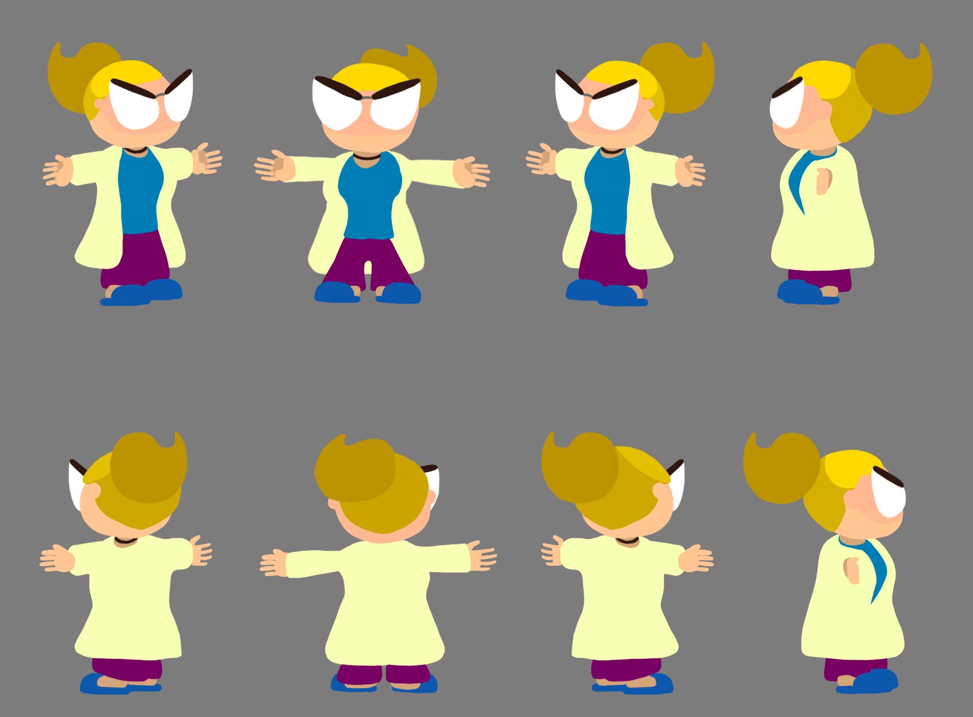 An illustration of eight angels of Dr. Agnes Shelley in a T-pose.