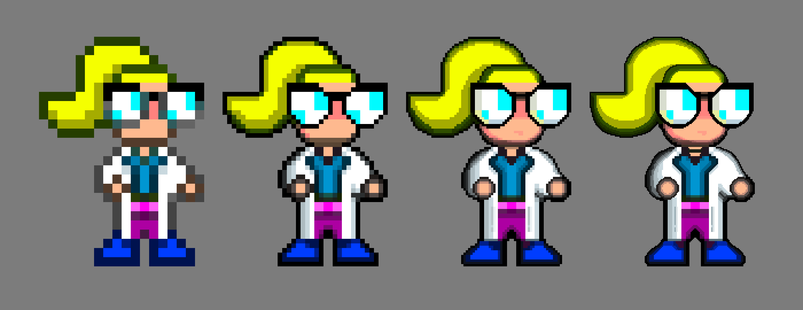 Pixel art of Dr. Agnes Shelley at different pixel resolutions.