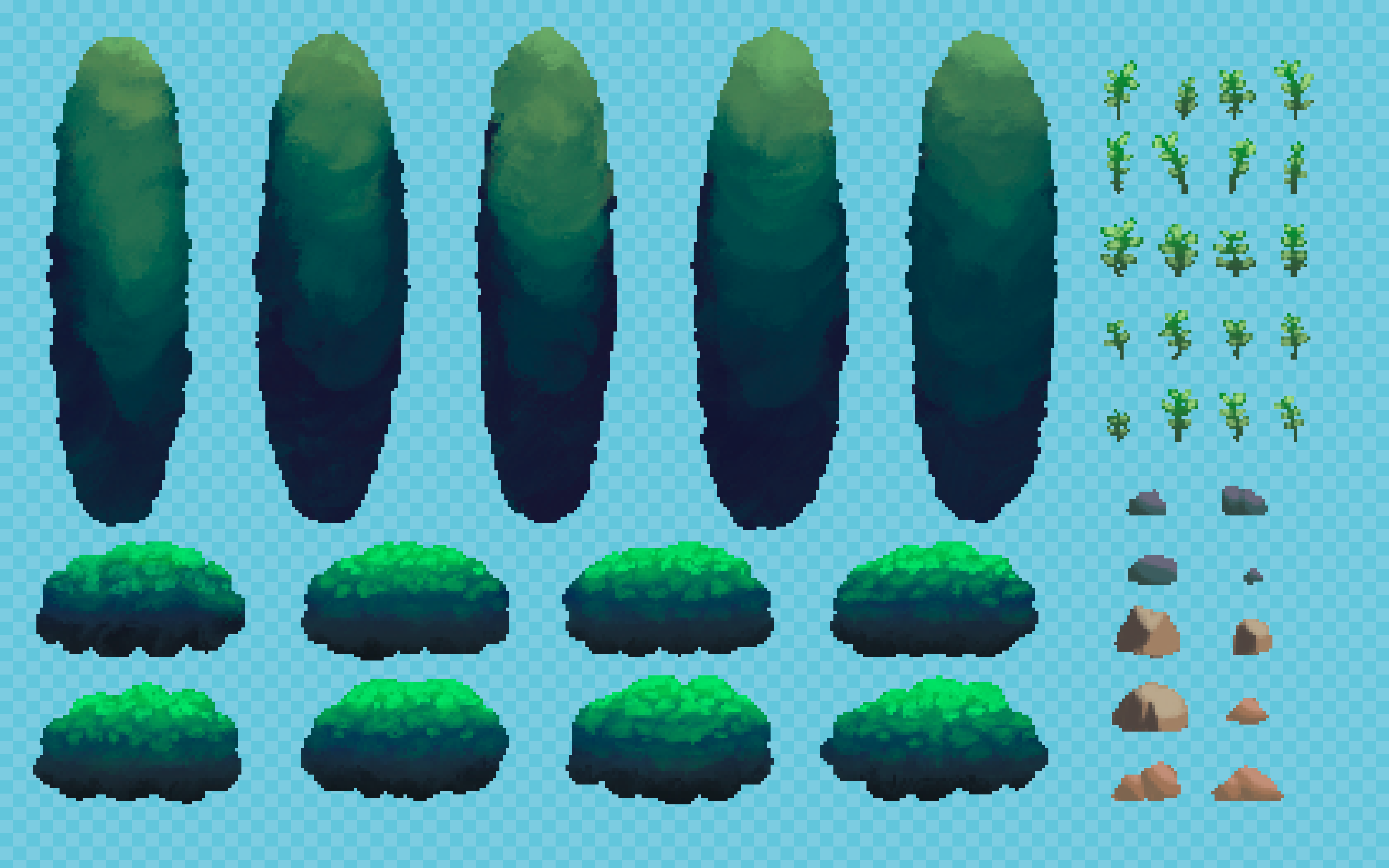 A collection of various pixelated plants and rocks.
