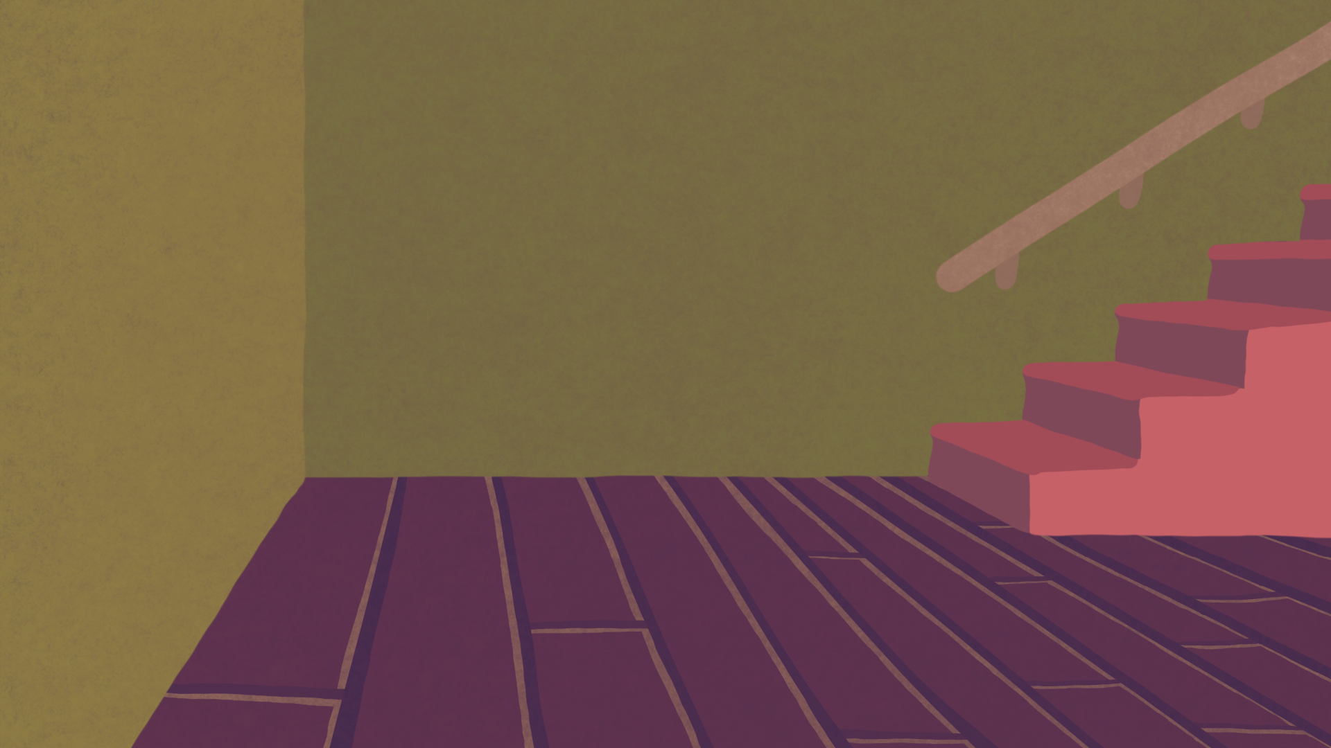 An illustration of the interior of a house. Wooden floorboards and a staircase are visible.